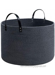 MINTWOOD Design Extra Large 20 x 13 Inches Decorative Cotton Rope Basket Blanket Basket Living Room Woven Laundry Basket Storage Baskets Bin Round Pillow Towel Basket with Long Handles Dark Grey