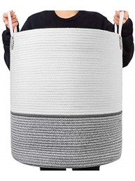 WOWLIVE XXXLarge Cotton Rope Basket 20"x18" Woven Baby Laundry Blanket Basket Toy Storage Basket with Long Handles Laundry Hamper Nursery Bin Grey and White