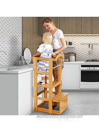IPOW Learning Stool Toddler Tower Adjustable Height Kids Step Stool Bamboo Kitchen Bathroom Counter Helper Montessori Stool Learning Furniture Standing Baking Tower with Safety Rail