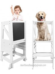 Kids Kitchen Step Stool Dripex Wooden Learning Stool with Safety Rail & Chalkboard Adjustable Counter Toddler Helper White