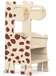 PP OPOUNT Kitchen Step Stool for Kids 3-Level Adjustable Height Montessori Learning Toddler Step with Safety Protective Net and Non-Slip Mat Giraffe Style Solid Wood