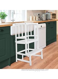 FIRSTGO-TECH Kitchen Helper Stool for Kids and Toddlers with Safety Rail Kids Step Stool Children Standing Tower for Kitchen Counter- Solid Wood Construction.