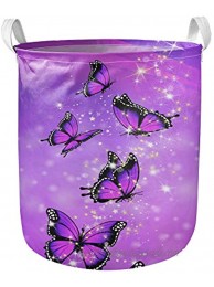 chaqlin Butterfly Laundry Baskets Collapsible Waterproof Cotton Linen Foldable Laundry Hampers Storage Bin Organizer Baskets with Handles for Clothes Toy Nursery Purple