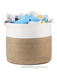 Magicfly Cotton Rope Laundry Baskets 15 X 15 X 14 Inch Large Tall Baby Nursery Organizer Toys and Baby Woven Storage Blankets Basket in Living Room Baby Nursery and Kids Room Beige & White