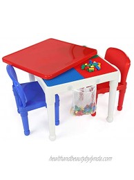 Humble Crew White Blue Red Kids 2-in-1 Plastic Building Blocks-Compatible Activity Table and 2 Chairs Set Square Toddler