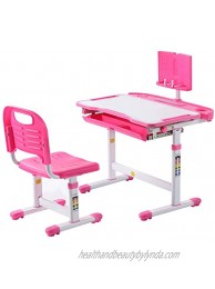 Kids Desk and Chair Set Height Adjustable Children Study Table Ergonomic Design Home School Use Student Anti-Reflective Writing Desk Tilt Desktop with Reading Board Pull Out Storage Drawer Pink