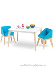 Wildkin Kids White Modern Table and Chair Set for Boys and Girls Mid-Century Modern Activity Table Set Includes Two Matching Blue Chairs Features Stain-Resistant Top and Solid Natural Wood Legs,