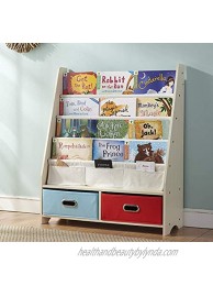 SEIRIONE Kids Book Rack 4 Sling Bookshelf 2 Storage Boxes and Toys Organizer Shelves Beige