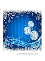 Sunhe Merry Christmas Shower Curtain Christmas Ball White Snowflake Blue Dreamy Snowy Day Funny Winter Holiday Kids Festival Bathroom Fabric Decor Curtain with Hooks