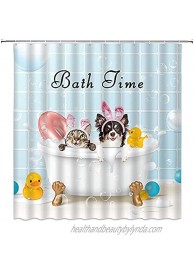 XHCEOH Funny Bathing Cat and Dog Shower Curtain Bubble Cute Little Yellow Duck Animal Fun Family Bathroom Decoration Shower Curtain for Kids 70 x 70 Inch with Hook