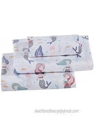 AZORE LINEN Kid’s Bed Sheet Set Brushed Super Soft Easy Care Microfiber White Pink Purple Turquoise Under The Sea Mermaid Life Theme White Mermaid Twin