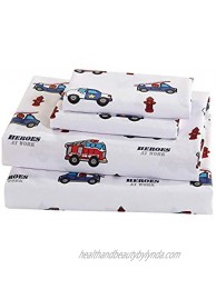 Elegant Home Multicolors Heroes First Responders Police Cars & Fire Trucks Design Fun Printed Sheet Set with Pillowcases Flat Fitted Sheet for Boys Kids  Teens Heros Full Size