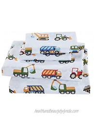 Elegant Homes Construction Site Equipment Trucks Tractors Cranes Excavators Design 4 Piece Printed Sheet Set with Pillowcases Flat Fitted Sheet for Boys Kids # Construction Trucks Full Size
