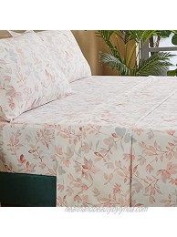FADFAY Cotton Sheets Set King Blush Pink Sheet Set Soft Girls Elegant Floral and Branches Leaves Printed Deep Pocket Fitted Sheet 4Pcs King Size