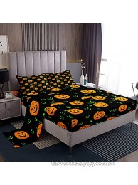 Halloween Bed Sheet Set 3pcs Twin Size Yellow Pumpkin Lantern and Green Gothic Face Print Fitted Sheet + 1 Flat Sheet + 1 Pillowcase Holiday Theme Bedding Set for Kids Boys Girls Bedroom