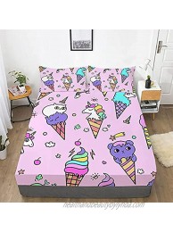 Ice Cream Fitted Sheet Set 3D Unicorn Cat Dessert Colorful Bed Sheet for Kids Girls Full Bedding Set 1 Fitted Sheet with 2 Pillowcases Soft Premium Microfiber Decorative Sheet Set