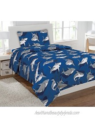 Linen Plus Sheet Set for Boys  Teens Shark Light Blue Grey Flat Sheet Fitted Sheet and Pillow Case Twin Size New