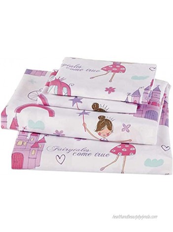 Mk Home Twin Size Sheet Set for Girls Princess Fairy Tales Castles Pink White Lavender New