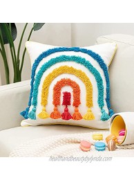 Boho Rainbow Decorative Throw Pillow Cover Colorful Tufted Tassel Kids Pillow Cover for Playroom Nursery Teepee Reading Nook Couch Bedroom 20X20 Inch Square Pillow Case Fun Cute Tufted Rainbow Shape